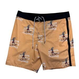 Lost Board Shorts 34 Yellow Mens Skeleton Surfing AOP Swim Trunks Beach Vacation